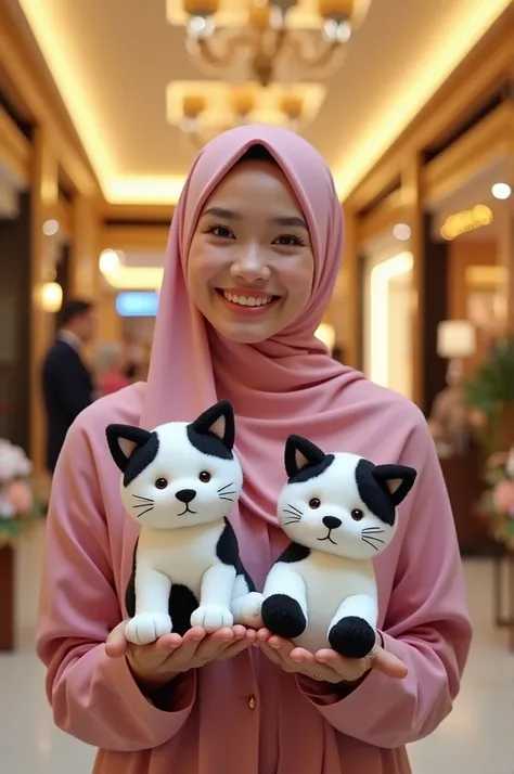 A young woman wearing a pink hijab is holding two unique cat dolls with patterns like black and white cows. She smiled brightly and held a product that said Slim. The backdrop is a bright shopping mall interior with warm lighting and luxurious design."
