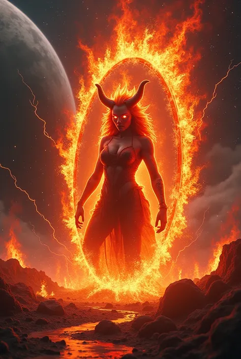 realism, horror, a burning evil demoness breaks through a magical mirror portal, breaks it, fiery fragments of the mirror scatter and set everything on fire. epic digital style, behance fantasy art, detailed 4k digital art, 4k fantasy art, stunning 8k artw...