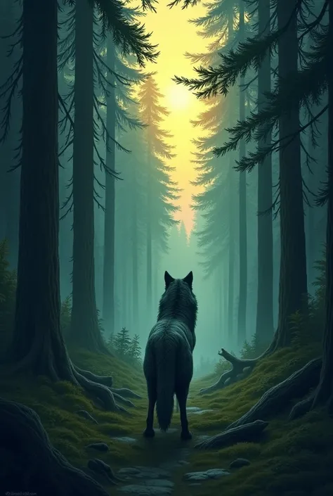 Drawing of a wolf leaving after not finding something he was looking for in the forest that has pine trees and that the wolf is on his back looking back walking 