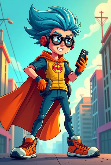 Create a cartoon-style image of a male teenager disguised as a superhero in many colors with an orange cape and light blue hair who has a cell phone, headphones and sunglasses   