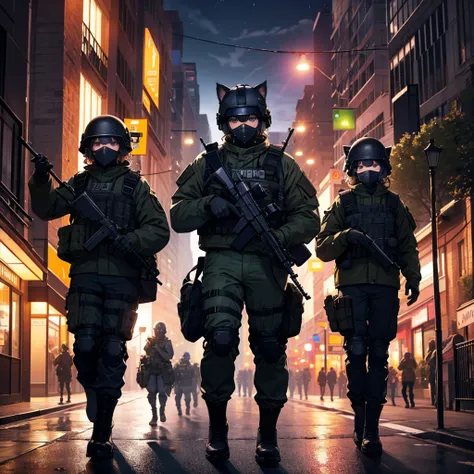 An animated scene is being held by several special forces members　black heavy equipment 　 military helmet with cat ears　bustling street　night