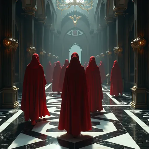 A luxurious mystical place ,  smooth and shiny floors in black and white,  mirrors and swords of eyes  ,  and hooded people in red suits , HD model,  very detailed, UHD.