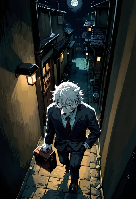  A werewolf in a suit and glasses in the moonlight carries a briefcase to the yakiniku restaurant，Elongated shadows under the moonlight，Background with staggered buildings，Lights in the distance。(Werewolf with white hair:1.2) ，（Werewolf drooling），（Werewolf...