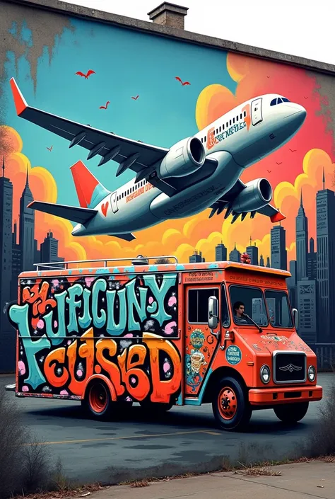 Generate a graffiti , of an airplane and a food truck