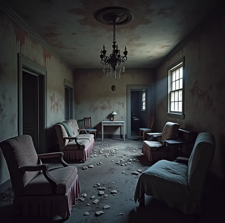   Living room of an old, time-destroyed house with old furniture, lots of cobwebs ,  furniture covered with dirty sheets ,  sooty walls and ceilings ,  old, dusty lamp ! All very realistic ! 