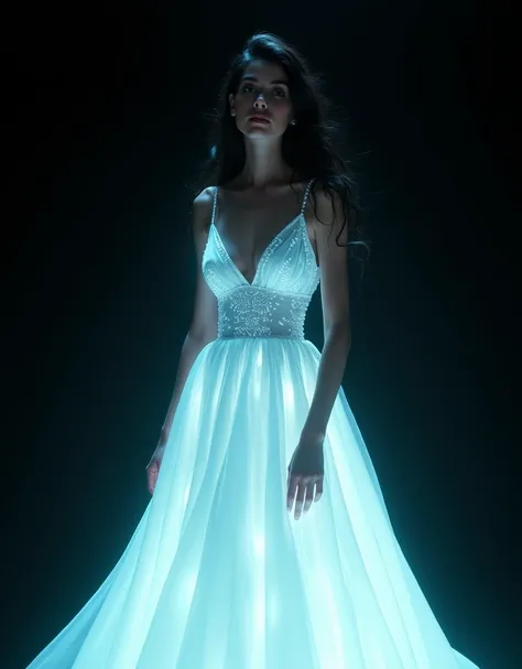 a woman in a bright white neon dress,beautiful detailed eyes,beautiful detailed lips,extremely detailed eyes and face,longeyelashes,delicate feminine figure,seamless highlights,deep dark black background,cinematic lighting,dramatic chiaroscuro,ethereal glo...