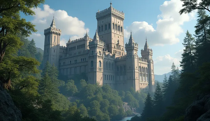 A castle in the middle of the forest with a combination of Gothic, Roman and Greek architecture, which has a fairly large size towering into the sky, equipped with walls as a castle fortress. The forest is quite dense but the castle is still 85% visible.