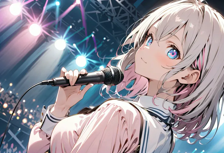 eyeを細くする、eyeをしっかり閉じてる、 close your eye and sing 、eyeを閉じる、eyeを閉じる、eyeを閉じて熱唱する、eyeを閉じる、 sing with a microphone、{{{masterpiece}}}, {{{ top quality}}}, {{ ultra detail}}, {beautiful detailed eye}, 1 girl, Alone, ((Gray Hair)),(bangs), angle from above、 looks...