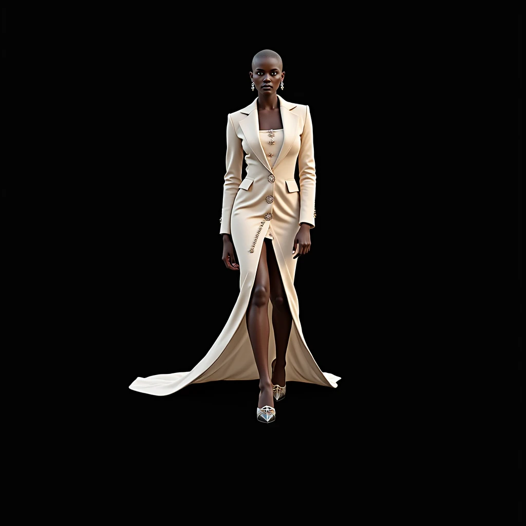 Black woman, beautiful, shaved hair,  wears a light chocolate velvet coat dress made of silk ,  wears a lapel at the front of the small bust ,  showing a white cotton flannel with rhinestones and pearls ,  the coat dress has three large gold buttons on the...