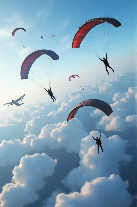 I want a picture that people descending with parachutes from aircraft 