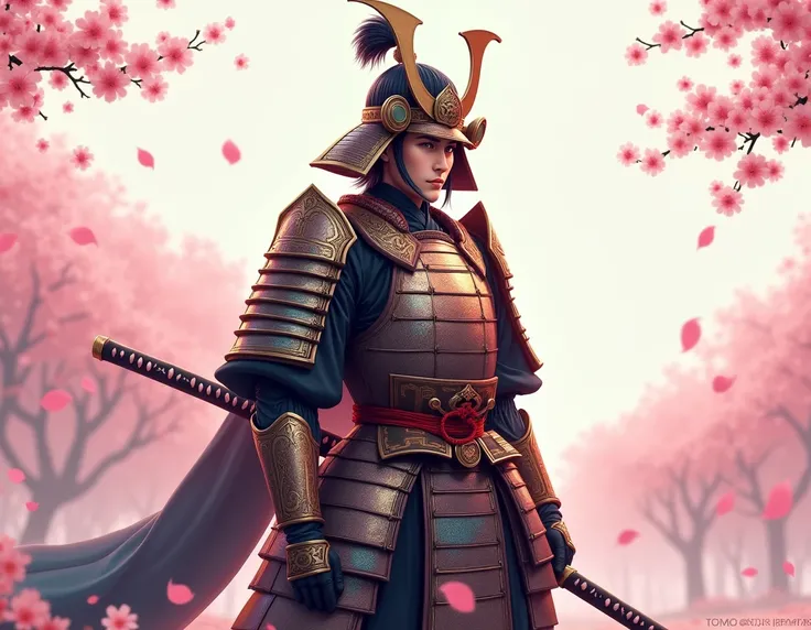 A heroic samurai with intricate armor, a katana at his side, standing in a cherry blossom field with a determined expression.