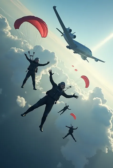 I want a picture that people descending with parachutes from aircraft  and also show aircraft 