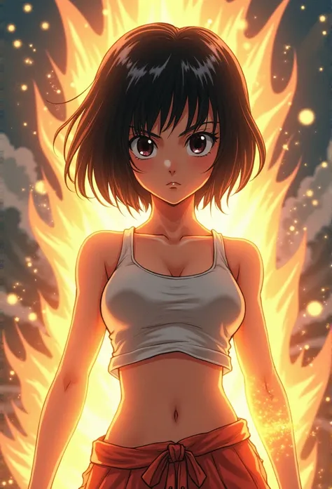   1 girl,  shortcuts,  black hair,  bob hair, chest, Make a woman a Super Saiyan