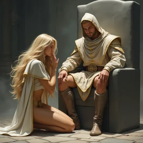 A woman with deep blond hair ,  glowing very fair skin ,  swearing eternal loyalty to a powerful man who is seated on a large gray throne,  and hooded in a white and gold suit . 