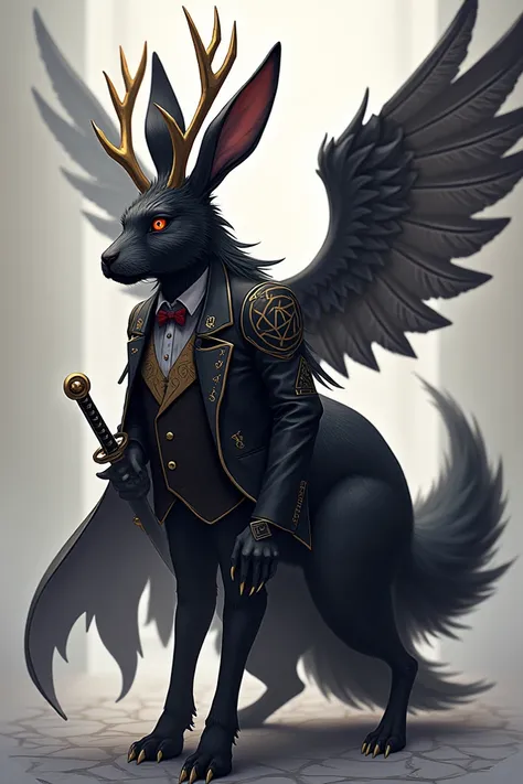  Black rabbit with deer and demon horns on the forehead ,  claws on the front legs one eye with an X-shaped scar,  and the other black eye and angel wings and runes all over the body  , 9 anime-style fox tails , humanoid butler costume with earring on the ...