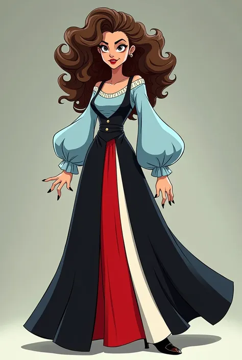 The cartoon character, with curly hair, yes, is a black, red and white floor-length skirt with a light blue frock, and looks aggressive, like a queen-like, whimsical queen.