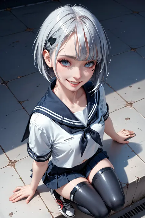    an 18-year-old high school student wears a summer sailor suit and a short black pleated skirt over silver high neck underwear。（（ Legs wearing black tights  。））  wearing large metal black sneakers    。 （（ has a shiny black twin-tail hairstyle   。））  Shes...