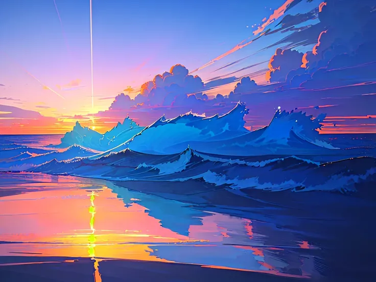 illustration of a sunset, in the midle of the sea, blue sea ,sea reflexive, beauty clouds, pastel colors