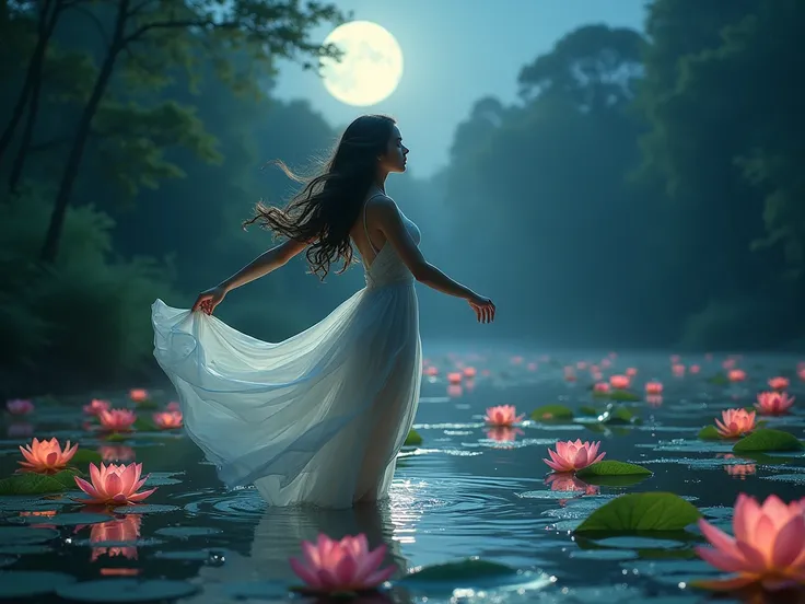 (Realistic, High quality, High detailed, Aesthetic) a beautiful woman, WITH TRANSPARENT DRESS, dancing under the moon, beside the lotus lake. Night scene.