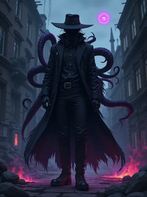  A man in a long black jacket and leather hat，There are many tentacles growing on the back,  Strong and gloomy anime-style atmosphere ， behind it are dark street ruins ，There is a flame under your feet，The sky has purple magic eyes