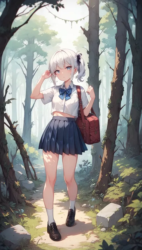  schoolgirl small breasts thin white hair half naked in an abandoned forest full body