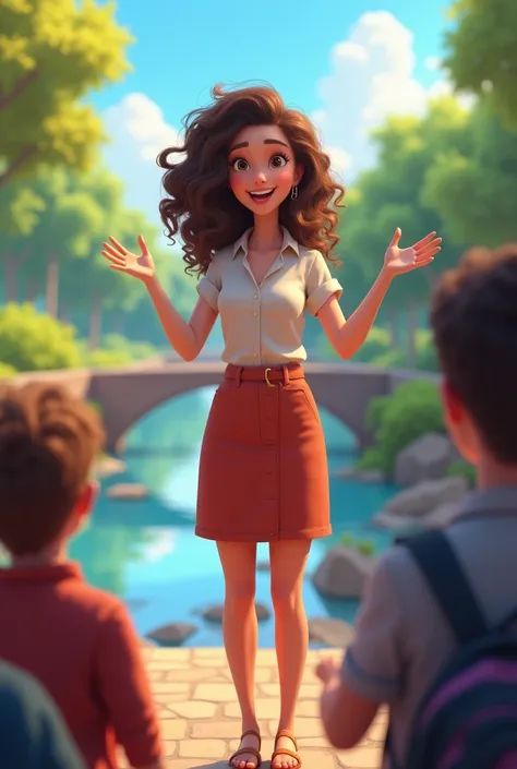 Young pretty girl colocha talking in public as a background has a river next to the bridge where she is standing she is dressed in a knee-length skirt and a blouse with standard sleeves Animated version 