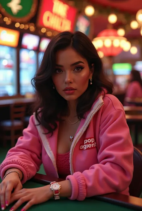  Woman with chubby body with slanted eyes,  Wavy hair below the shoulder, Sitting with a cold pink jacket with the name POP AGENT,  at a Christmas decorated casino table 