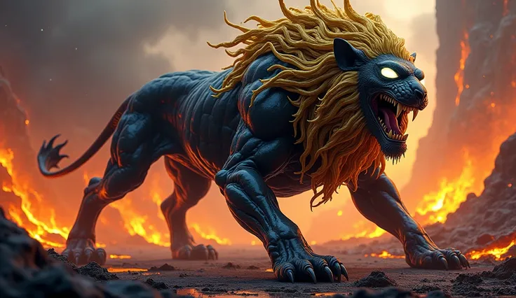 "A monstrous hybrid entity combining the most terrifying features of Venom and a lion, displaying a dangerous and menacing aura. The creature has Venoms sleek black symbiotic texture fused with a lions muscular body, a golden mane streaked with venomous te...