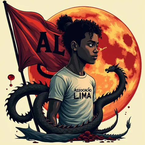  A graphic logo design featuring a young black man with long curly hair with his hair tied in a bun hairstyle with a written t-shirt "Associação Lima " very bold and creative .  Waving a large flag with small tears at the tip with the letters AL intertwine...