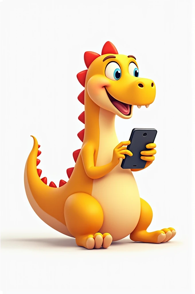 A yellow dino is playing on his cellphone on a plain white background