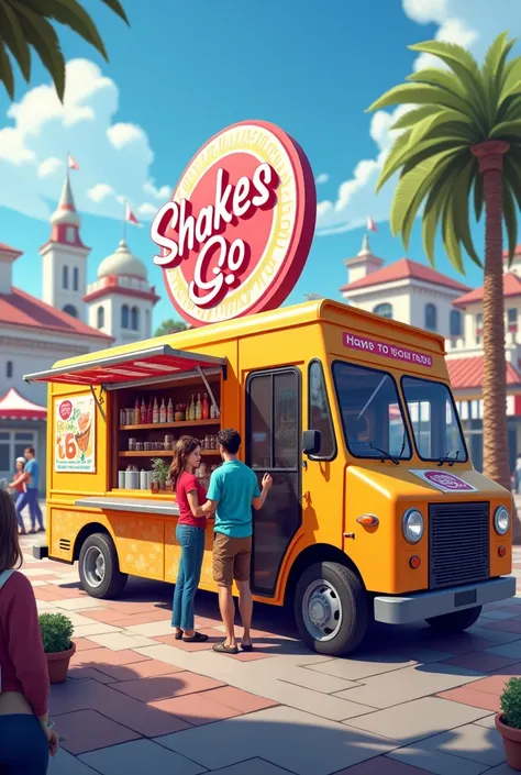 a business which is a food and beverage truck with a name of "shakes to go" create a sample picture of outside and inside of a food and beverage truck business