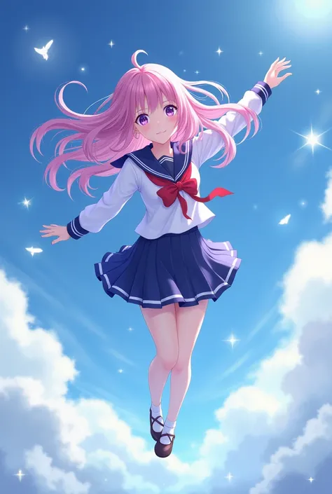 A girl with long pink hair and purple eyes wearing Japanese school uniforms falling from the sky 