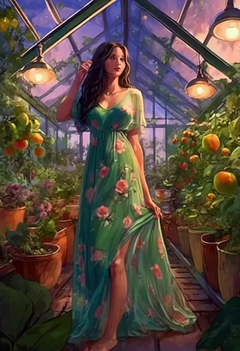 A cute woman (airy sheer dress with flower print, no underwear, bare feet) she is outside in her green house inspecting the flowers and fruits, sultry invitation moonlit night
