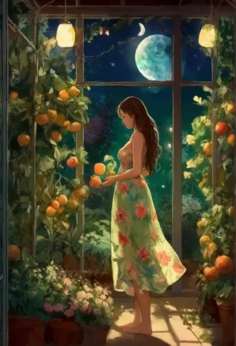 A cute woman (airy sheer dress with flower print, no underwear, bare feet) she is outside in her green house inspecting the flowers and fruits, sultry invitation moonlit night
