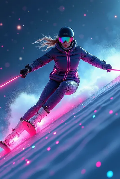 A futuristic scene of a female snowboarder gliding down a snowy mountain slope. She is wearing a sleek, high-tech snowboarding suit with glowing neon accents that trail behind her. The lines of neon light illuminate the snow and create a dynamic, vibrant g...