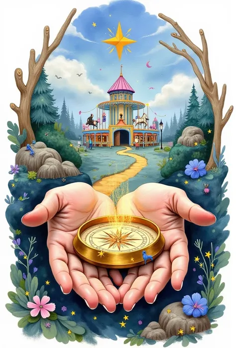                Close-up of only beautiful female hands with a beautiful golden magic compass , in the background is the road to a giant rens carousel with horses, Painting (medium),          ,One,           A star            (sky),           A star        ...