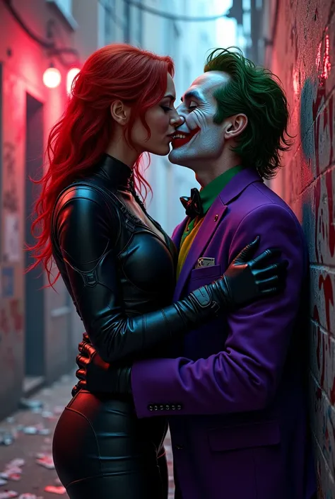 Under the glowing neon lights of a gritty city alley, Black Widow and Joker share an unsettling kiss. Black Widow wears her sleek black tactical suit with red accents, her fiery hair framing her determined face. The Joker, dressed in his chaotic purple sui...