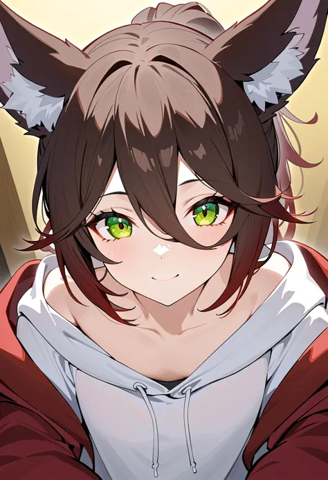 Masterpiece highest quality Unity 8k, Tingyun, brown Hair, medium hair, ponytail, green eyes, fox ears, perfect body, ((flat chest)), pov, downblouse, oversized hoodie, pov, looking at viewer, smile