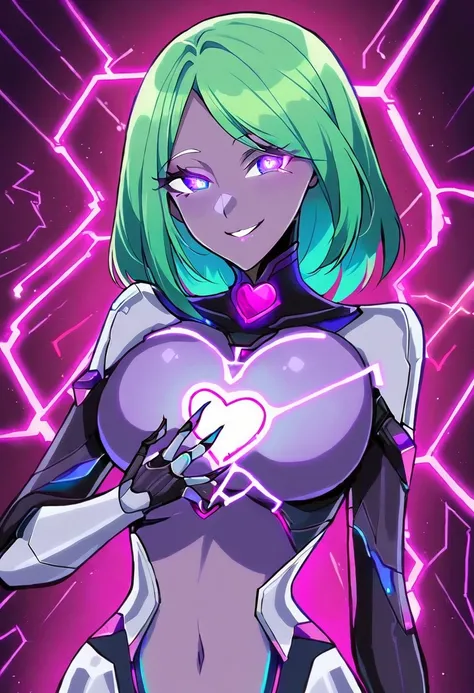 female android, green hair, blue eyes, glowing eyes, smile, circuitry lines, pink chest core, silver skin, black inner skin, heart shaped chest core, primary light silver skin, secondary black inner skin, purple nipples 