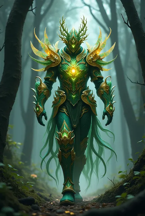 **((CREATE AN IMAGE OF A CHARACTER WALKING IN A DARK FOREST ))  Armor Design :
Cores:  vibrant shades of green ,  gold and lilac .  Green symbolizes nature ,  gold represents fertility and fertility ,  and lilac reflects the mysticism of creation .
details...