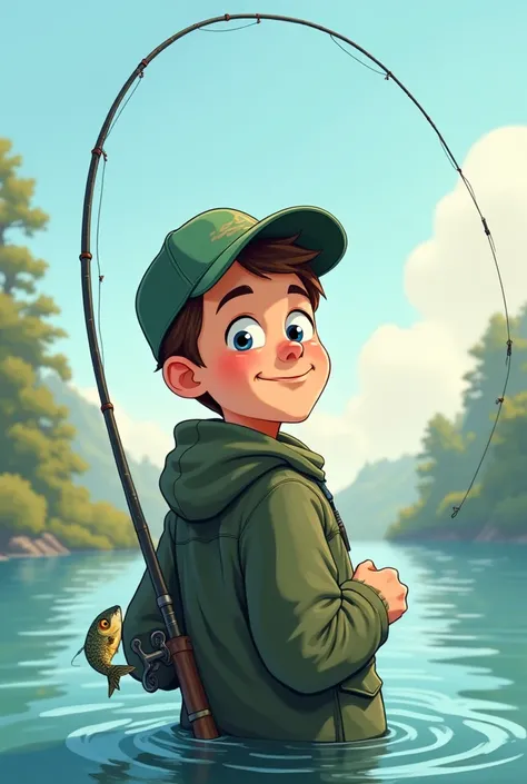 Semi realistic cartoon illustration of fishing person with head poking out with regular facial expressions and picture from behind the anglers back