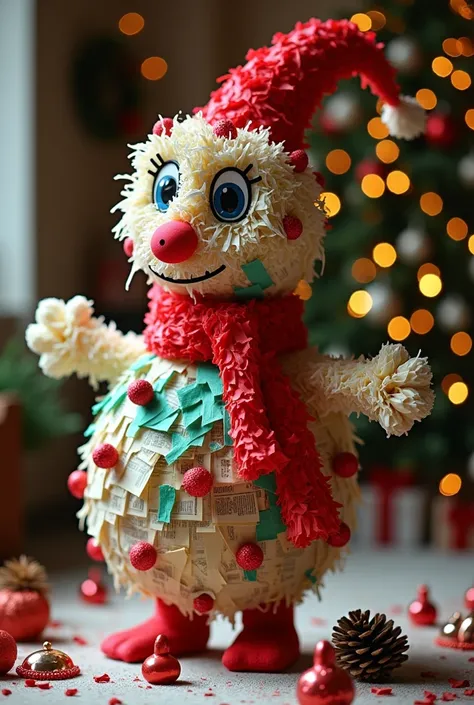 Christmas piñata with recycled material such as newspaper and crepe paper