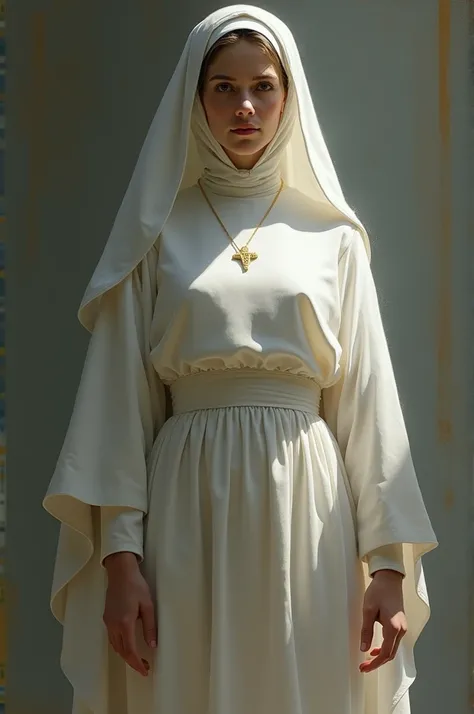 A painting of a nun in a white habit standing on her side with the light, lets give her left part of her entire body 