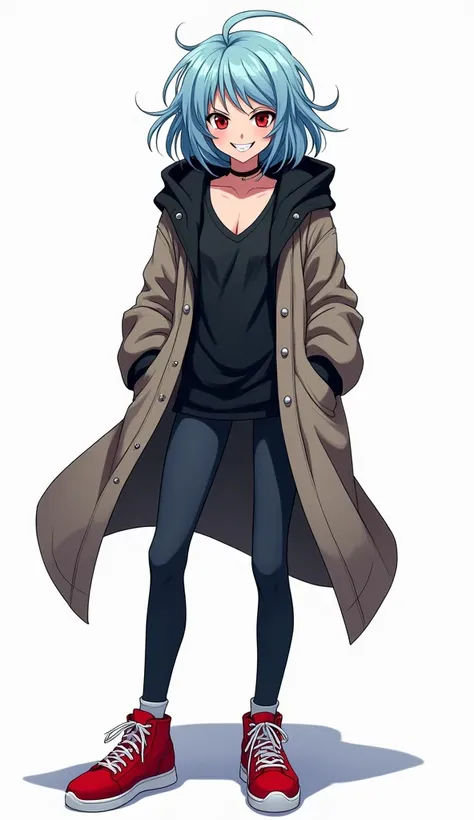 Teenage anime woman has messy light blue medium length hair and large and expressive reddish color and demon smile and with a black hood attached to a long torn coat and dark V-neck t-shirt with dark-colored tight pants and red sneakers that stand out from...