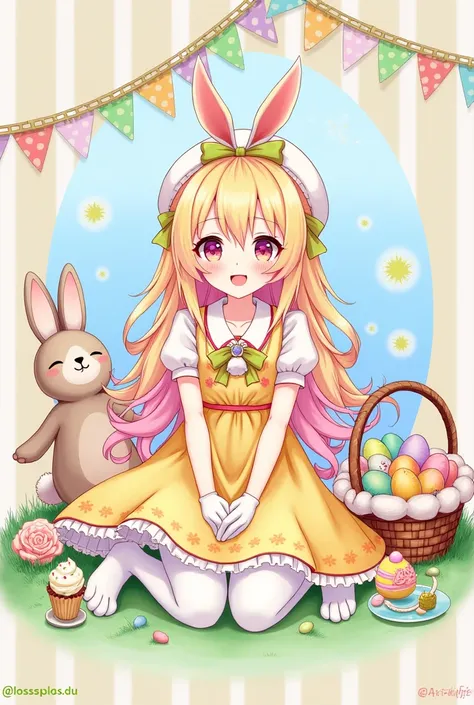 1girl, solo, long hair, looking at viewer, blush, smile, open mouth, bangs, blonde hair, gloves, hat, dress, bow, holding, animal ears, sitting, pink hair, flower, short sleeves, :d, hair bow, pantyhose, multicolored hair, frills, food, shoes, striped, puf...