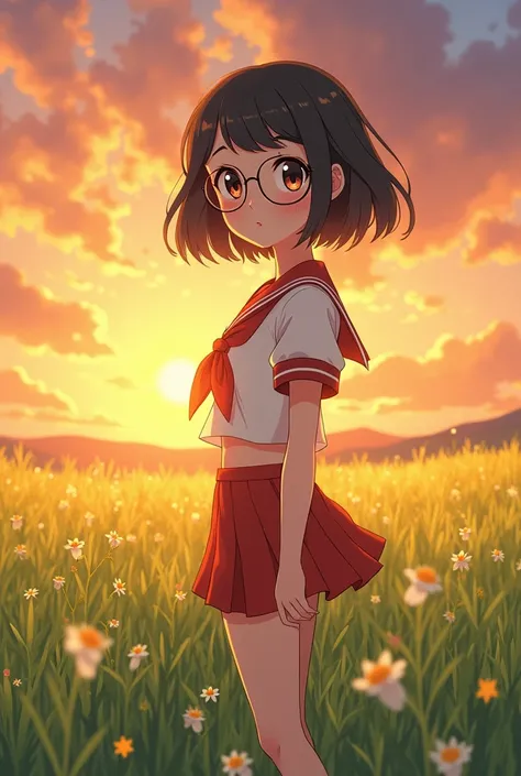 (high quality)，One ，，Baby Face，naked，Very short stature，very small flat chest，Very flat chest that looks like it might expand，Very thin limbs，Very thin thighs，Small Ass，naked，bright色のセーラー服、Glasses，grassland，A shy smile，blush，At dusk，Beautiful sunset，Midsum...