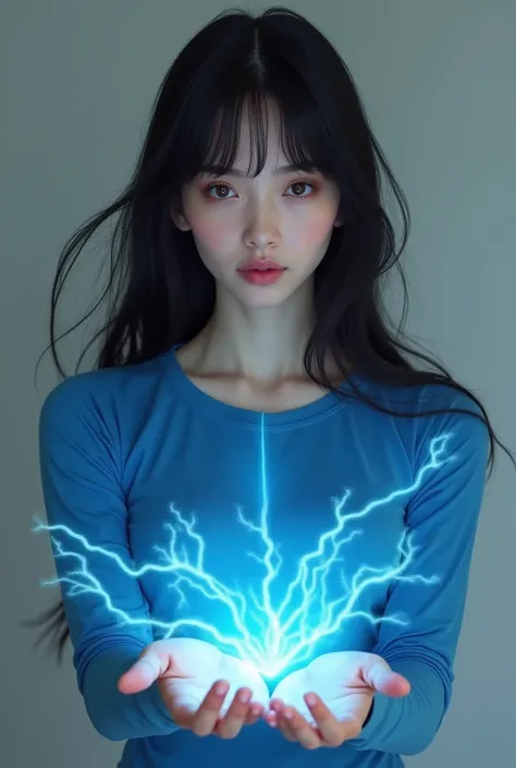 Create a woman with white skin and long black hair with a fringe, brown eyes and wearing a blue long sleeve t-shirt and having the effects of blue powers on your hands 