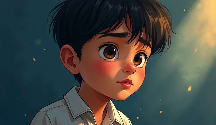 "Illustration of a student who was beaten up by his friend at school,  Focus on Arifs expression showing firmness of heart .   Realistic artistic style with contrasting colors depicting an emotional journey from darkness to light." illustration