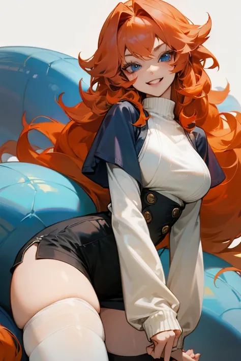 Mereoleona orange hair、grin,bangs,long hair,  Tufts at the whorl,Big Breasts,blue eyes, Thighs、look at me,Anatomically Correct ,she haves fang,Line of sight,white sweater,short shorts,black stocking