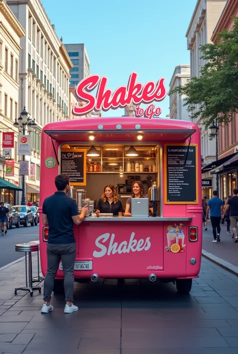 a business which is a food and beverage truck with a name of "shakes to go" create a sample picture of INSIDE and OUTSIDE look of a food and beverage truck business make it realistic